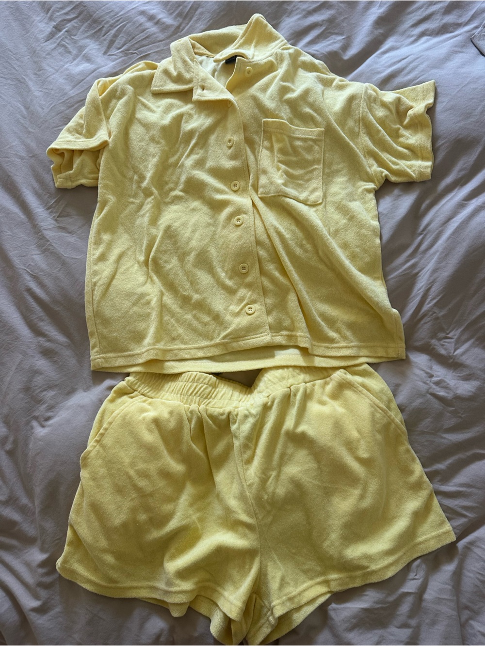 Forever 21 Yellow Terry Cloth Pajama Set - Short Sleeve Button Top & Shorts